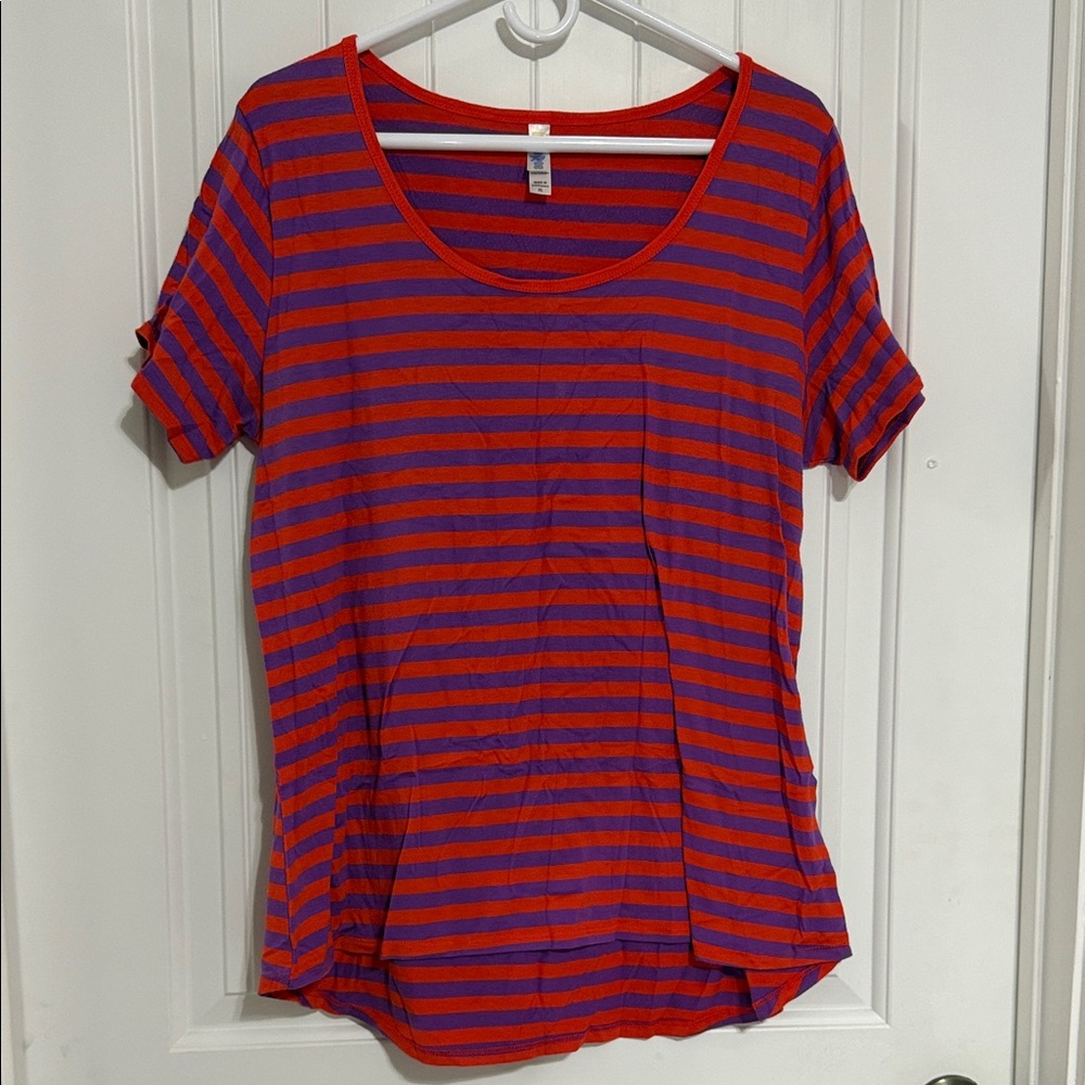 LuLaRoe Red and Purple Striped Scoop Neck Tee